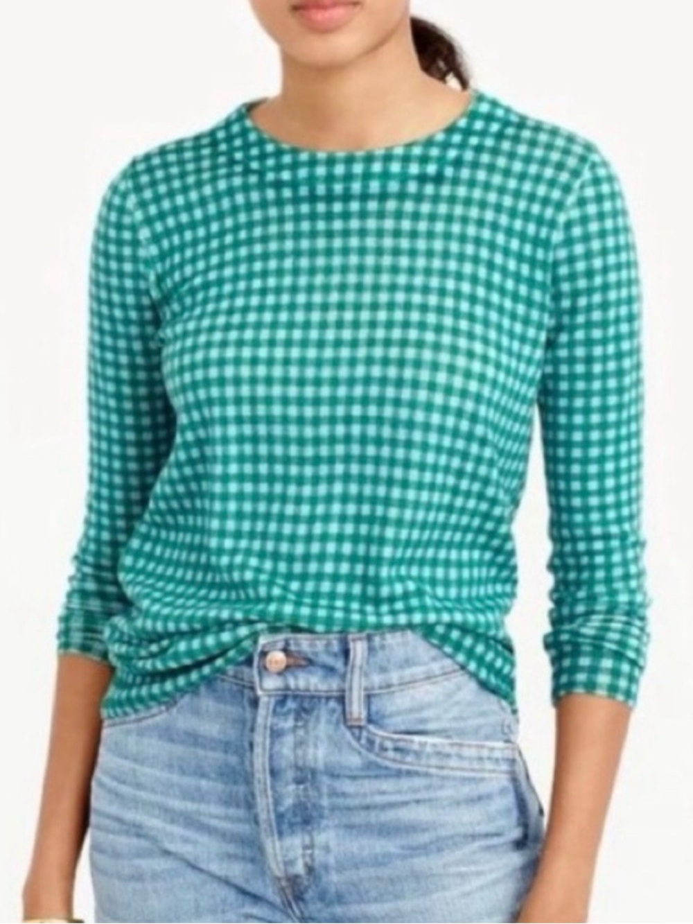 J. Crew Green Blue Merino Wool Tippi Gingham Long Sleeve Top XL Preppy